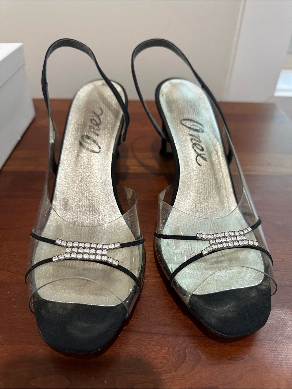 Black Slingback Heels with Clear Straps and Rhinestone Accent